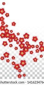 Vector Realistic Red Flowers Falling on Transparent Background.  Spring Romantic Flowers Illustration. Flying Asian Rose Spa Design. Blossom Confetti. Design Elements for  Card Design.
