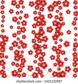 Vector Realistic Red Flowers Falling on Transparent Background.  Spring Romantic Flowers Illustration. Flying Asian Rose Spa Design. Blossom Confetti. Design Elements for  Web Design.