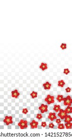 Vector Realistic Red Flowers Falling on Transparent Background.  Spring Romantic Flowers Illustration. Flying Asian Rose Spa Design. Blossom Confetti. Design Elements for  Poster Design. 
