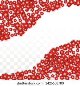 Vector Realistic Red Flowers Falling on Transparent Background.  Spring Romantic Flowers Illustration. Flying Asian Rose Spa Design. Blossom Confetti. Design Elements for  Cover Design.