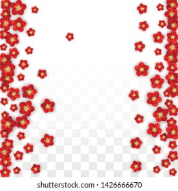 Vector Realistic Red Flowers Falling on Transparent Background.  Spring Romantic Flowers Illustration. Flying Asian Rose Spa Design. Blossom Confetti. Design Elements for  8 March Card.