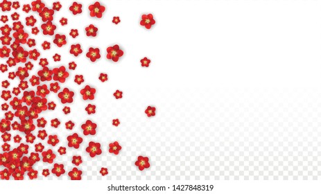 Vector Realistic Red Flowers Falling on Transparent Background.  Spring Romantic Flowers Illustration. Flying Asian Rose Spa Design. Blossom Confetti. Design Elements for  Poster Design.
