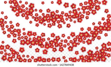 Vector Realistic Red Flowers Falling on Transparent Background.  Spring Romantic Flowers Illustration. Flying Asian Rose Spa Design. Blossom Confetti. Design Elements for  Banner Design.