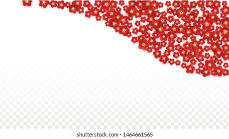 Vector Realistic Red Flowers Falling on Transparent Background. Spring Romantic Flowers Illustration. Flying Asian Rose Spa Design. Blossom Confetti. Design Elements for Web Design.