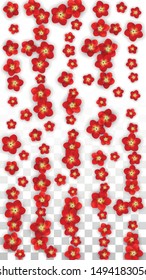 Vector Realistic Red Flowers Falling on Transparent Background.  Spring Romantic Flowers Illustration. Flying Asian Rose Spa Design. Blossom Confetti. Design Elements for  Wedding Decoration.