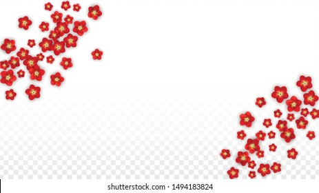 Vector Realistic Red Flowers Falling on Transparent Background.  Spring Romantic Flowers Illustration. Flying Asian Rose Spa Design. Blossom Confetti. Design Elements for  Mother's Day.