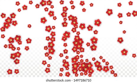 Vector Realistic Red Flowers Falling on Transparent Background.  Spring Romantic Flowers Illustration. Flying Asian Rose Spa Design. Blossom Confetti. Design Elements for  Poster Design. 