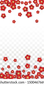 Vector Realistic Red Flowers Falling on Transparent Background.  Spring Romantic Flowers Illustration. Flying Asian Rose Spa Design. Blossom Confetti. Design Elements for  Mother's Day.
