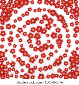 Vector Realistic Red Flowers Falling on Transparent Background.  Spring Romantic Flowers Illustration. Flying Asian Rose Spa Design. Blossom Confetti. Design Elements for  8 March Card.