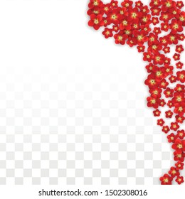 Vector Realistic Red Flowers Falling on Transparent Background.  Spring Romantic Flowers Illustration. Flying Asian Rose Spa Design. Blossom Confetti. Design Elements for  Poster Design.