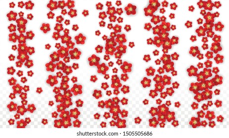Vector Realistic Red Flowers Falling on Transparent Background.  Spring Romantic Flowers Illustration. Flying Asian Rose Spa Design. Blossom Confetti. Design Elements for  St. Valentine Day.