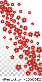 Vector Realistic Red Flowers Falling on Transparent Background.  Spring Romantic Flowers Illustration. Flying Asian Rose Spa Design. Blossom Confetti. Design Elements for  Poster Design.