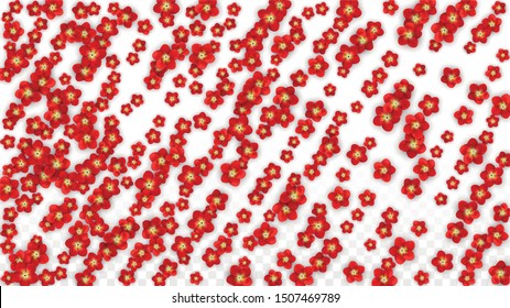 Vector Realistic Red Flowers Falling on Transparent Background.  Spring Romantic Flowers Illustration. Flying Asian Rose Spa Design. Blossom Confetti. Design Elements for  St. Valentine Day.