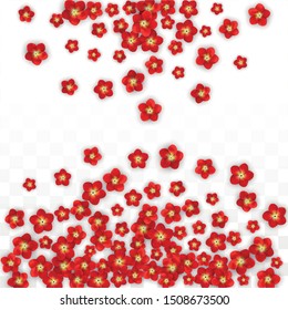 Vector Realistic Red Flowers Falling on Transparent Background.  Spring Romantic Flowers Illustration. Flying Asian Rose Spa Design. Blossom Confetti. Design Elements for  Mother's Day.