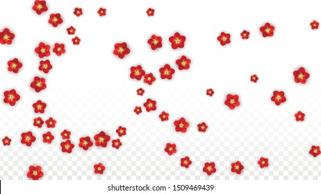 Vector Realistic Red Flowers Falling on Transparent Background.  Spring Romantic Flowers Illustration. Flying Asian Rose Spa Design. Blossom Confetti. Design Elements for  Poster Design.