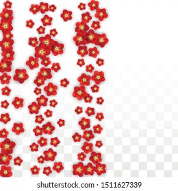 Vector Realistic Red Flowers Falling on Transparent Background.  Spring Romantic Flowers Illustration. Flying Asian Rose Spa Design. Blossom Confetti. Design Elements for  Cover Design.