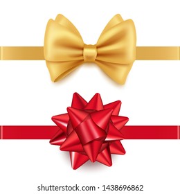 Vector realistic red and golden gift bows isolated on white background. Illustration of ribbon golden and red for christmas gift or birthday