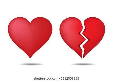 Corazón rojo vectorial realista y corazones rotos 