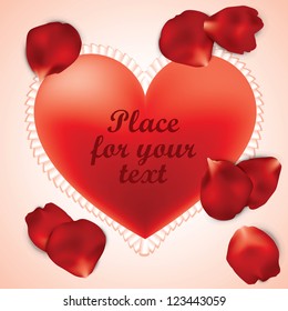 Vector realistic red heart pillow with rose petals