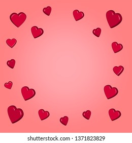 Vector realistic red hearts. Frame illustration. Template for Greeting Card, Poster and Banner. Pink background.