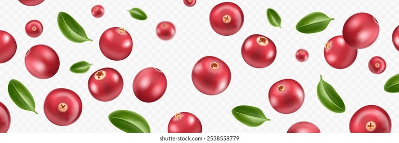 Vektorrealistische rote saftige fallende Cranberry Frucht einzeln auf transparentem Hintergrund. Fliegende Beeren mit grünen Blättern mit unscharfem Effekt.