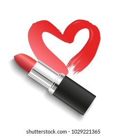 Vector realistic red lipstick with heart shaped lipstick smear isolated on white background