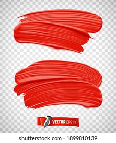 Vector realistic red paint brush strokes on transparent background