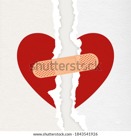 Vector Realistic Red Paper Torn Heart with Medical Patch Closeup on White Background. Broken Heart, Divorce, Valentines Day, Relationship Concept. Paper Art
