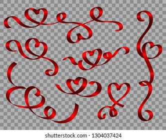Vector realistic red ribbon hearts on transparent background for your design, valentines day, mothers day, breast cancer, love isolated illustration
