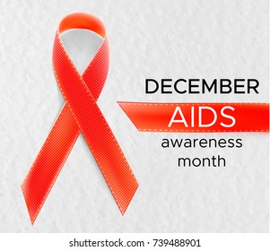 Vector realistic red ribbon sign of aids and hiv awareness day and december month. Isolated design for poster card or banner