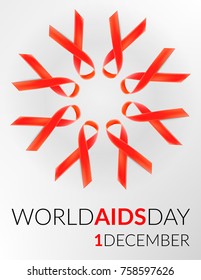 Vector realistic red riibon sign of aids and hiv awareness day and december month. design for poster card or banner