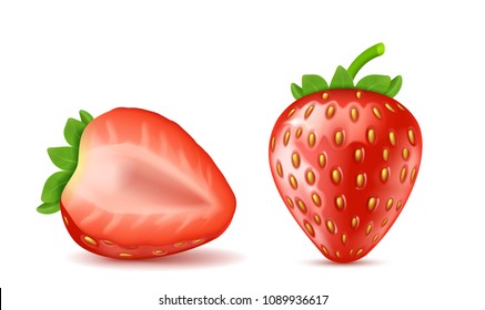 Vector realistic red ripe strawberries, whole and half isolated on background. Natural summer fruit, juicy berry with sweet taste. Ingredient for juices, jams, yogurts. Mockup for package design
