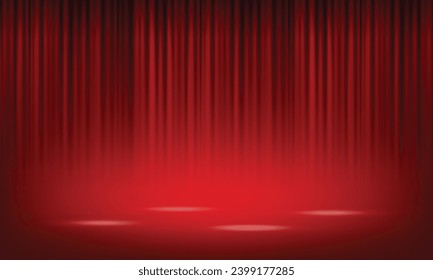Cortina vectorial roja teatral cerrada de material brillante con reflexión sobre la ilustración del vector del suelo escénico.