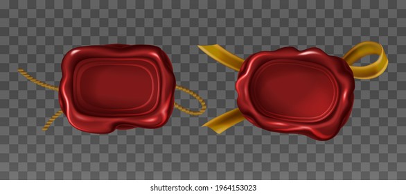 Vector realistic red wax seal stamps with golden rope and ribbon. Vintage seals of rectangular shapes for sign empty letter, guarantee, document or certificate. Royal insignia, retro postal label.