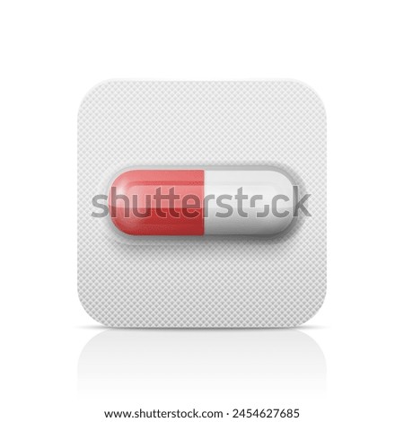 Vector Realistic Red and White Pharmaceutical Medical Pill, Vitamins, Capsule in Blister Closeup Isolated. Pill in Blister Packaging Design Template. Front View. Medicine, Health Concept