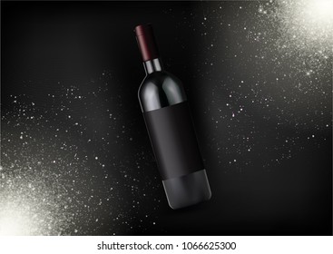 Vector realistic red wine bottle ,alcohol product.Glass bottle in photorealistic style.Isolated object,black fashion background with sparkles.