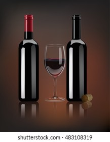Vector realistic red wine bottles, cork and glass with mirror reflection on dark background. Vintage wine background.