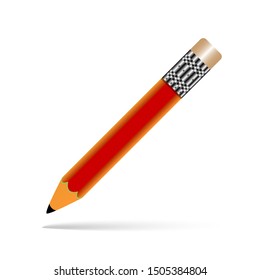 Vector realistic red wooden pencil with eraser rubber. Sharpened detailed office layout, school tool, creativity, idea, education and design symbol. Isolated illustration, white background.