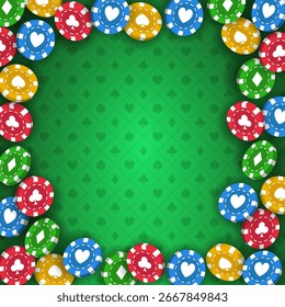 Vector realista rojo, amarillo, azul y verde Casino chips ilustración de borde en el fondo de la tarjeta verde