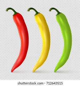 Vector realistic red, yellow and green hot natural chili pepper icon set closeup isolated on transparent backgound. Template for culinary design. EPS10.