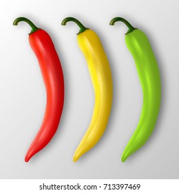 Vector realistic red, yellow and green hot natural chili pepper icon set closeup isolated on white backgound - top view. Template for culinary design. EPS10.