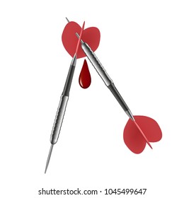 Vector realistic. Relationship Darts is a Darts game. Unrequited love, a drop of blood, the wound in the heart, the hurt, the betrayal, the conquest of a loved one. Isolated 3D illustrations.