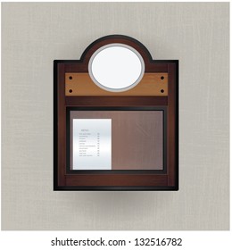 Vector realistic restoration set. Restauration blackboard and showcase. Space for your offer. Retro restauration. White circle - space for your logo.