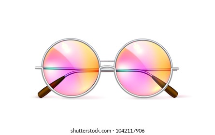 Vector realistic retro circle eyeglasses, vintage hipster gradient lens for photobooth, photo props design. 3d isolated illustration summer vacation holiday beach pool party celebration selfie apps