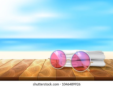 Vector realistic retro hipster sunglasses, white towel wooden floor table deck timbers walkway beach coast coastline seaside seashore background sand blue sea ocean summer sky. Holiday vacation travel