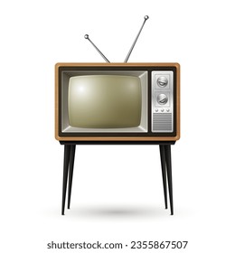 Vector Realistic Retro TV Receiver Isolated on White Background. Home Interior Design Concept. Vintage TV Set in Front View. Television Concept