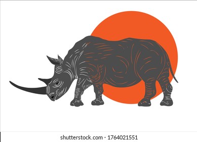 Vector realistic rhino stands on the background of the sun. African animals.