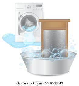 Vector realistic ribbed hand washboard in metal basin with soap bubbles on background broken washing-machine with open door and leaking water isolated on white background. 3D illustration.