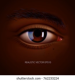Vector realistic right eye of the black human. Glossy brown iris with a macro details. Facial fragment on a dark skin background. Useful for advertising of a make up, cosmetics or vision correction.