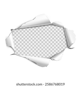 Vector realistic ripped torn hole in the sheet of paper on a transparent background.